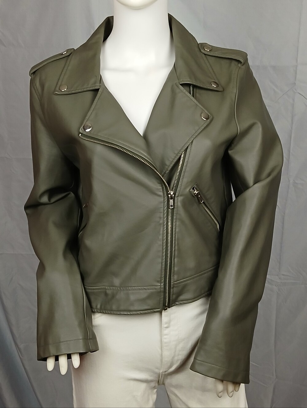 Shinestar Olive Green Faux Leather Moto Biker Jacket Asymmetrical Zip Coat Large